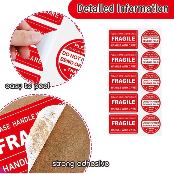 New 100 Pcs Handle With Care Fragile Circle Rectangle Packing Stickers - Picture 3 of 15